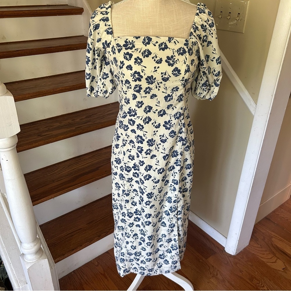NWT Francesca’s Natasha Puff Sleeve Side Slit Midi Dress blue/white Small Lined - Picture 6 of 10